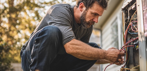 HVAC Emergency, with man holding wires on an AC