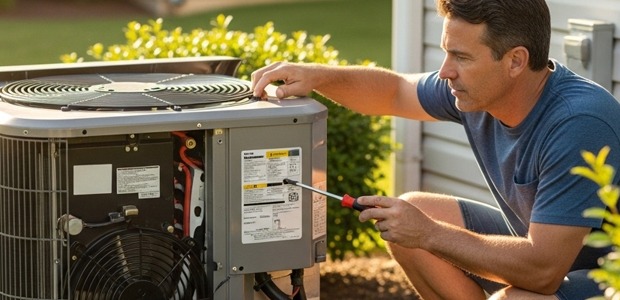Homeowner male checking his own ac unit